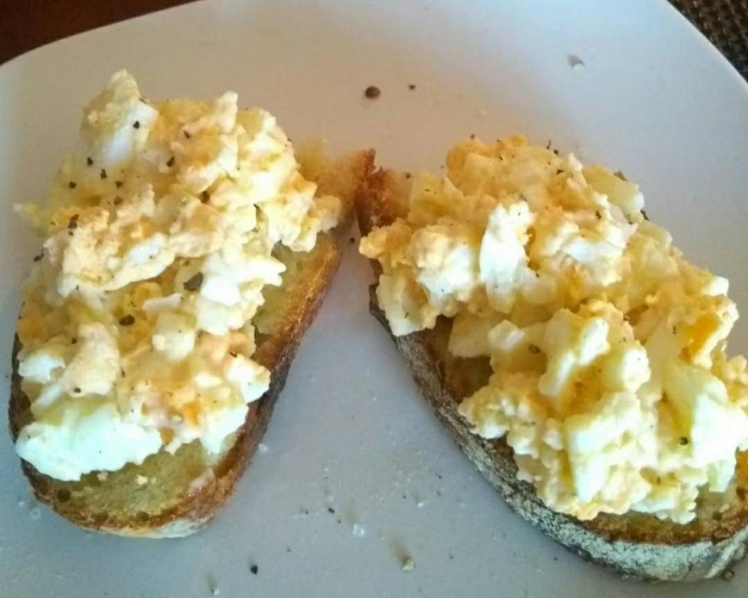 hard boiled eggs,soft boiled egg smashed hard-boiled eggs, mayo, salt and pepper.